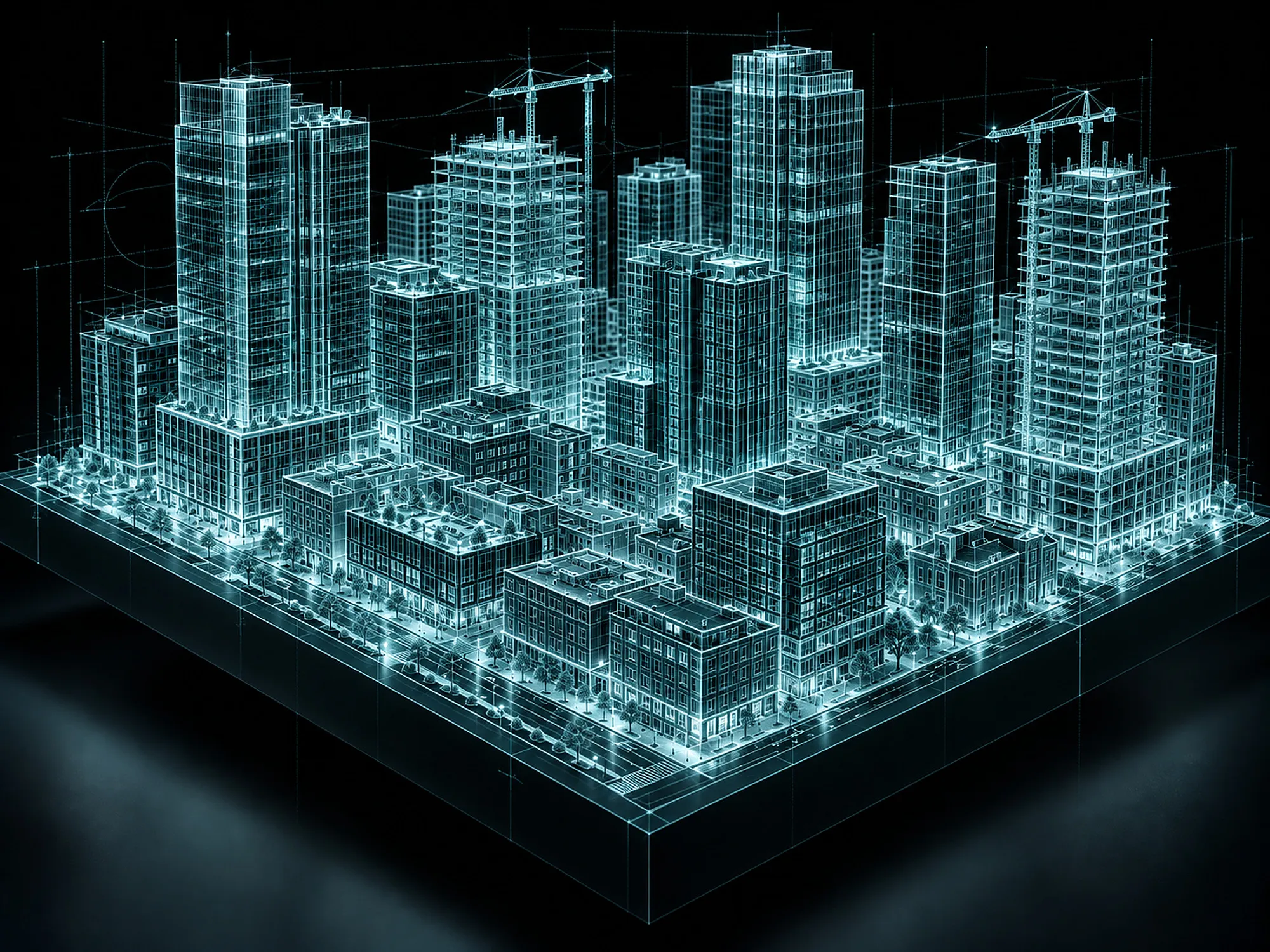 A city block drawn as a glowing blueprint, which becomes the finished, lit buildings as the page is scrolled